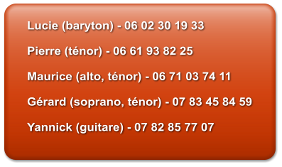 Lucie (baryton) - 06 02 30 19 33  Pierre (tnor) - 06 61 93 82 25  Maurice (alto, tnor) - 06 71 03 74 11  Grard (soprano, tnor) - 07 83 45 84 59  Yannick (guitare) - 07 82 85 77 07
